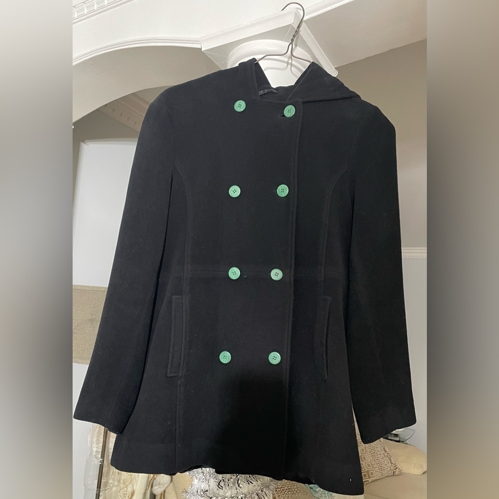 Mudd women’s black Double-breasted wool pea Coat with mint green buttens , hood